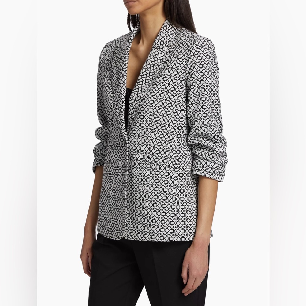 Elie Tahari Black & White Geometric Print 3/4 scrunched sleeve Blazer Size 8 - Picture 4 of 15